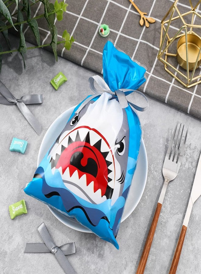 Whaline 100Pcs Shark Treat Bags Summer Ocean Sea Candy Cellophane Bag 6 x 9 Inch Blue Shark Plastic Goody Bags with Grey Ribbon for Birthday Shark Party Favor Supplies Gift Summer Decoration - Image 4